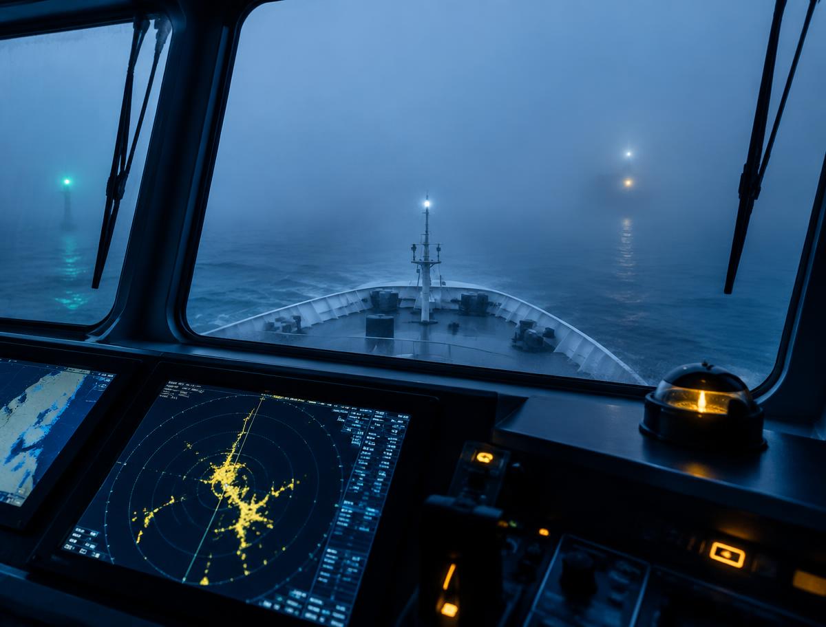 Ponte di comando di una nave in condizioni di visibilità limitata
