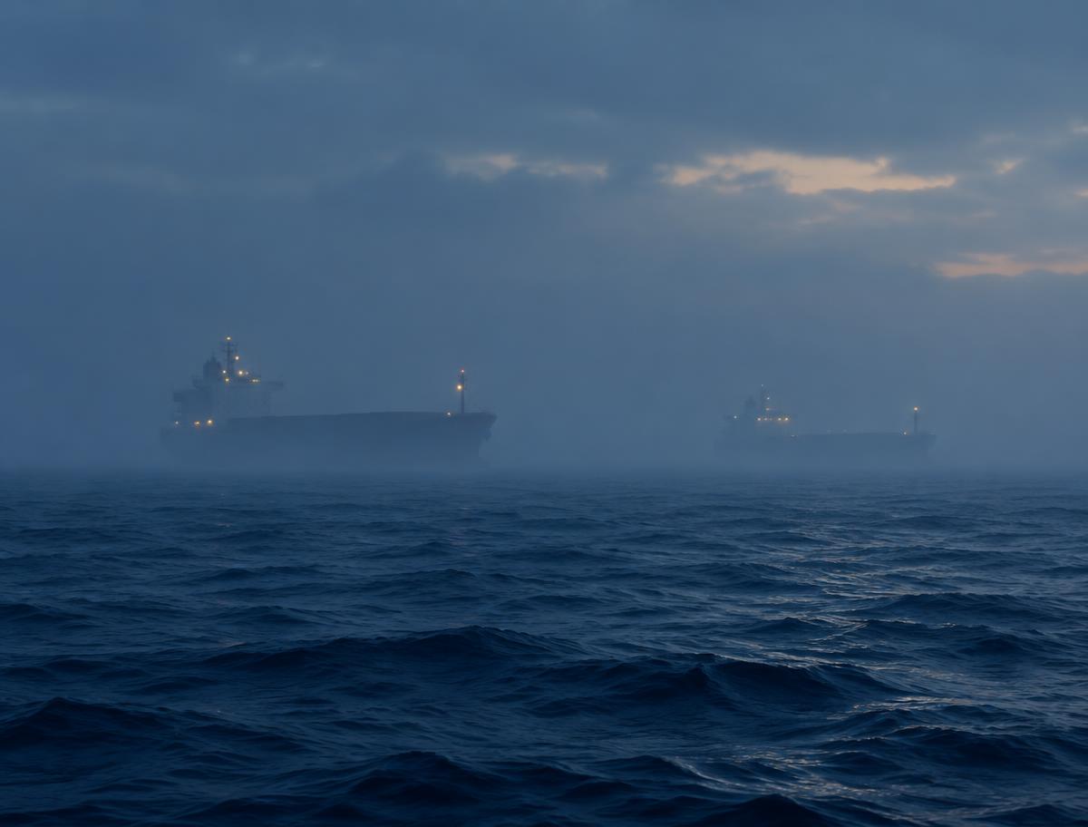 Due navi distanti nella foschia sul mare